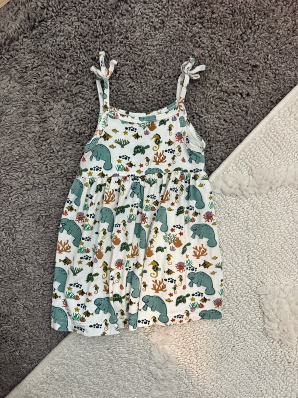 Girls' White Tank Dress with Green Manatee & Sea Life Print